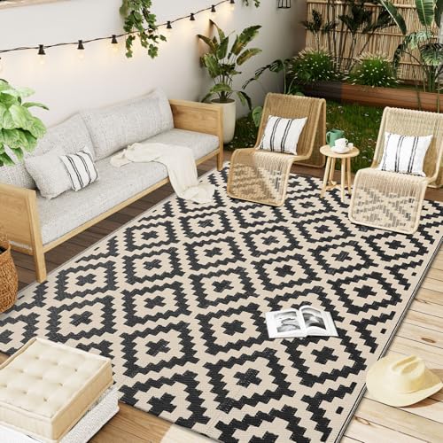 OLANLY Waterproof Outdoor Rug 5x8 ft, Outdoor Plastic Straw Rug for Camping, RV Mat Outside, Outdoor Carpet for Porch, Deck, Backyard, Balcony, Picnic, Black & Beige - color: Black & Beige, size: 5' X 8' (Rectangular)