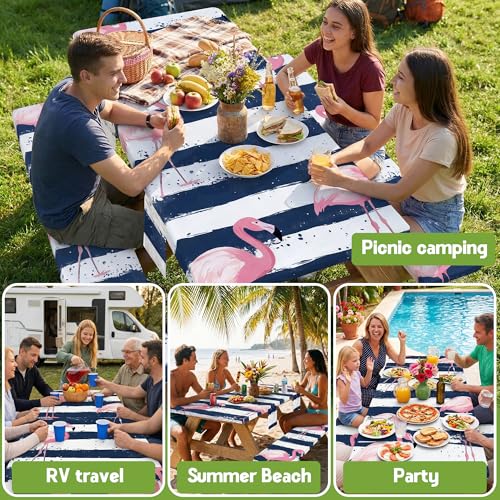 Picnic Table Cover with Bench Covers Elastic Table Cloth Cool Fun Unique Ideas Birthday Christmas Xmas Valentine's Day Camping Gifts for Camper RV Owner Camping Lovers Couple Women Men Mother Father - color: Blue Striped Flamingo, size: 72in