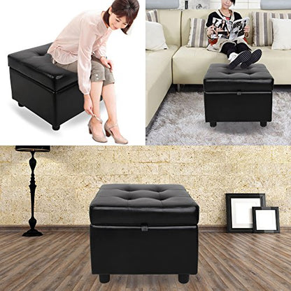 H&B Luxuries Tufted Leather Square Flip Top Storage Ottoman Cube Foot Rest (Black) - color: Black