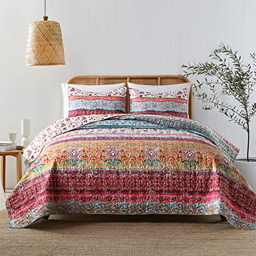 Boho Style Twin Size Quilt Set Reversible Bohemian Floral Strip Quilt Beddding Set, Soft and Lightweight Bedspread for All Season,XL Twin Bed Coverlet with 1 Matching Pillow Sham (2 Pieces) - color: Mustard Floral, size: Twin