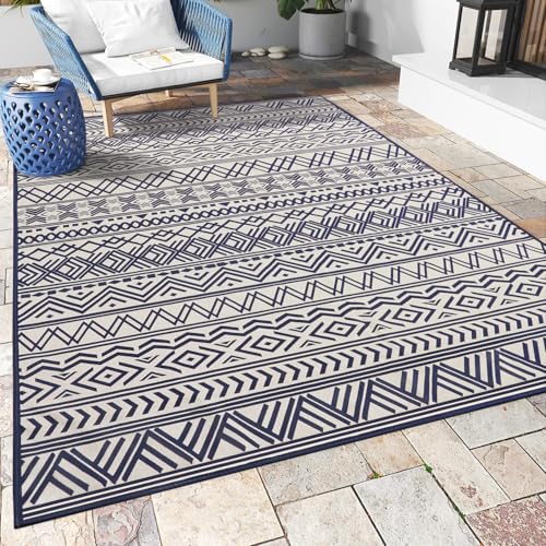 Outdoor Rug Carpet 6x9 ft, Flatweave Textured Outdoor Patio Rug Non Slip Indoor Outdoor Rugs with Rubber Particles Backing Boho Outdoor Area Rug for Patio Deck Front Porch Backyard Balcony, Navy - color: Navy, size: 6' x 9' (Rectangular)
