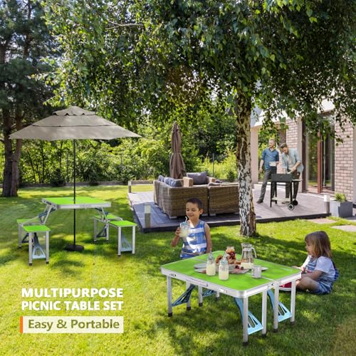 VINGLI 4Ft Portable Folding Picnic Table Camping Table Foldable Set with 4 Seats with Umbrella Hole Suitcase Card Table-220 Lbs Support Aluminum Frame, Plastic RV Tabletop for Yard, Travel-Black - color: Green