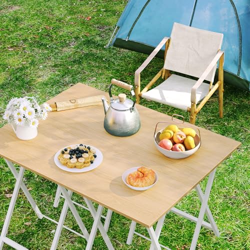 HOOBRO Folding TV Tray Tables, Set of 4 TV Trays with Storage Rack, Industrial Side Table for Eating at Couch, Foldable Snack Table for Small Space, Easy Assembly, Natural and White, WN50BZ01 - color: Natural + White