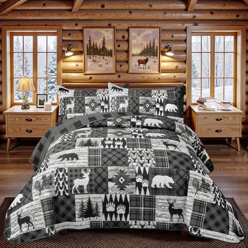 3 Piece Cabin King Size Quilt Sets Farmhouse Rustic Reversible Microfiber Soft Lightweight Bedspread Comforter with 2 Shams Patchwork Country Lodge Bedding Quilts Set for All Season, 106''x96'', Grey - color: Bear Grey, size: King