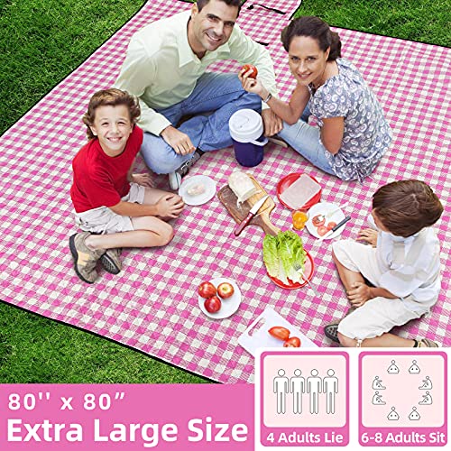 ZAZE Picnic Blanket Waterproof Sandproof, 80''x80'' 3-Layer Cute Compact Extra Large Machine Washable Foldable Beach Mat, Big XL Outdoor Blankets for Spring Summer Camping, Park, Grass(Pink and White) - color: Pink and White