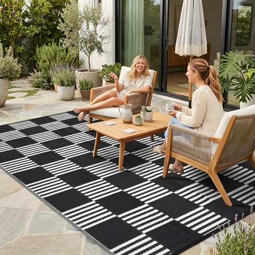 Garvee Waterproof Outdoor Rug 6x9, Checkered Foldable Plastic Straw Patio Camping Rug, Outdoor RV Carpet for Deck Camper Porch Balcony Backyard Picnic Beach Black and White - color: Black & White, size: 6' x 9'