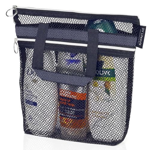 DV Lifestyle Mesh Shower Bag 10.2x9.9'' Quick-Dry Caddy with Zipper & 2 Pockets. Portable Toiletry Tote for Bathroom, Gym, Travel, Camp, Beach, for Sunscreen, Dorm & College Essentials (Black) - color: Black, size: Small