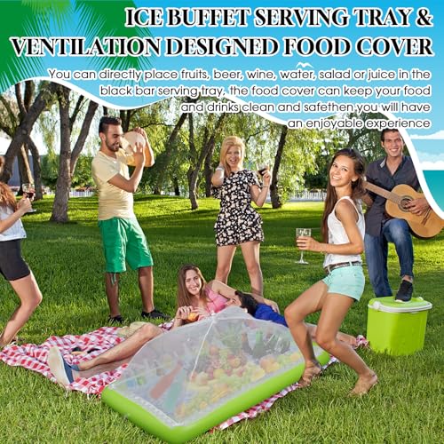 Leitee 5 Pcs Inflatable Serving Bar Kit Includes Salad Buffet Tray with Drain Plug Mesh Food Cover Food Drink Containers and Inflator for Ice Supplies Summer Party Camping Picnic(Green) - color: Green