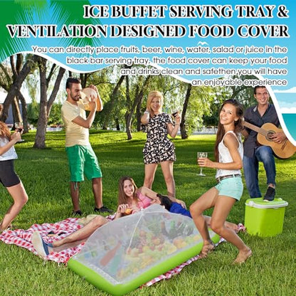 Leitee 5 Pcs Inflatable Serving Bar Kit Includes Salad Buffet Tray with Drain Plug Mesh Food Cover Food Drink Containers and Inflator for Ice Supplies Summer Party Camping Picnic(Green) - color: Green