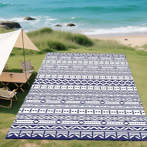 Outsunny Outdoor Rug for Patio, 9' x 18' Waterproof Large Mat, Reversible Plastic Straw Rug for Decor, Portable Outside RV Camping Area Carpet Mat for Backyard Porch Deck Picnic, Blue White Geometric - color: Blue and White Geometric Wall, size: 8'11" x 1