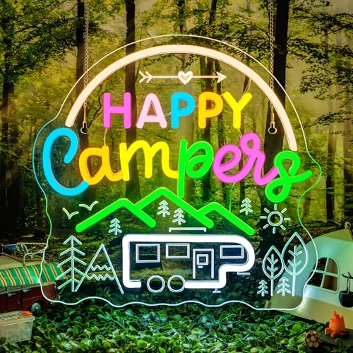 Camping Neon Sign Car Neon Signs for Wall Decor Happy Camper Sign Lights Up Van Life Travel Trailer LED Camping Decor for Inside Outdoor Decorations Camper Gifts for Teens Picnic Lovers - color: Happy Camping