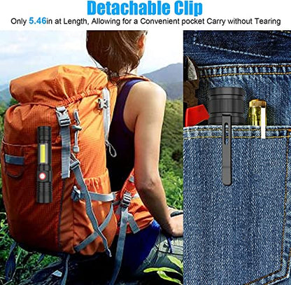 Hoxida USB Rechargeable Flashlight, Magnetic LED Flashlight, Super Bright LED Tactical Flashlight with Cob Worklight,Waterproof,Zoomable Best Small LED Flashlight for Camping, Emergency Flashlight - color: 2pack flashlight with box