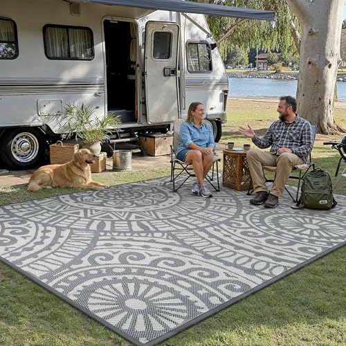 HUGEAR 9x12 Outdoor Boho Rug Grey Patio Waterproof Rug Home Decor Reversible Plastic Straw Rugs Outside Indoor Floor Mat for Camping Balcony RV Deck Porch Pool Backyard - color: Boho/Grey, size: 9' x 12' (Rectangular)