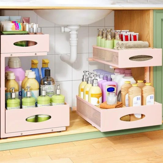 Under Sink Organizer, 1-Pack Pull Out Cabinet Organizer 2 Tier Metal Slide Out Storage Shelf Rack, L-Shaped Adjustable Height,Mesh Sliding Drawer for Kitchen, Bathroom, Laundry, Pantry, Pink, XL - color: Pink, size: 1-Pack