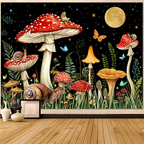 Zussun Red Mushroom Tapestry Moon Star Tapestries for Bedroom Aesthetic Starry Night Green Plant Tapastrys Wall Hanging Butterfly Snail Frog Wall Tapestry for Living Room Dorm (Black, 80" x 60") - color: Black, size: 80"L x 60"W