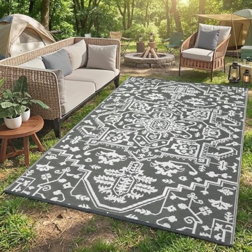 GAOMON 8x10 Grey Outdoor Rug Waterproof Boho Vintage Reversible Plastic Straw Rug Mat UV-Resistant Foldable Retro Medallion Camping Indoor Outdoor Carpet for Patio RV Deck Balcony Picnic, Grey White - color: Vintage | Grey White, size: 8' x 10' (Rectangul