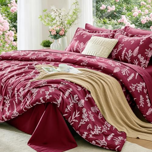 MUXHOMO Burgundy Full Comforter Set, Elegant Floral Print Bed in a Bag 7 Pieces, Ultra Soft & Breathable Reversible Botanical Pattern Bedding Set with Comforter, Sheets, Pillowcases, and Shams - color: Burgundy Leaves, size: Full(82"x86")