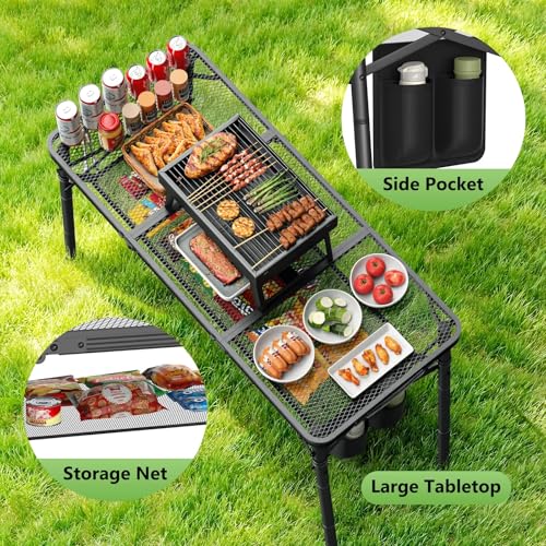 Raynesys Tri-fold Camping Table, 35.43"x15.75", Aluminum Frame Folding Tables, 3 Heights Adjustable Grill Table with Storage Bag, Portable Handle for Picnic Cooking BBQ Camping Outdoor, Black - size: 35.43 x 15.75 x 27.95 inch