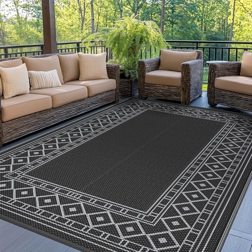 GENIMO Outdoor Rug Waterproof 6'x9' for Patio, Foldable Reversible Plastic Straw Carpet for Travel Trailers, Outside Area Mat for Rv, Deck, Picnic, Porch, Camper, Balcony, Beach, Black & Grey - color: Black & Dark Grey, size: 6' x 9' (Rectangular)