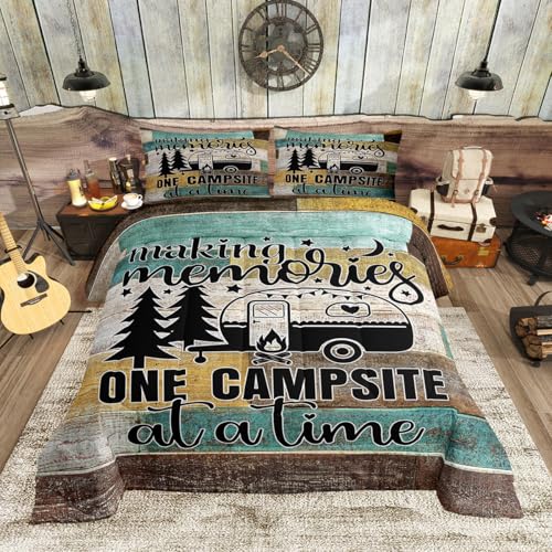 Camper Theme Comforter Set Brown Green Wooden Cabin Bedding Set King Size 3pcs,Kids Boys Girls Room Decor Black Camping Car Sketch Quilted Duvet Men Women Rustic Style Duvet Insert,2 Pillowcases - color: Multi 13, size: King