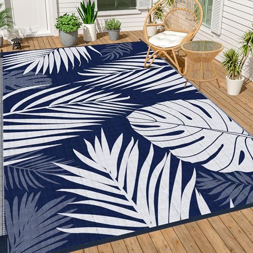 Ogrmar Reversible Mats, Outdoor Rug for Patio, Waterproof Carpet, Plastic Straw Rug for Indoor Outdoor, Floor Mat&Rug for RV Porch Camping Backyard Deck Balcony Beach Trailer (Blue & White, 5 * 8FT) - color: Blue & White, size: 5' x 8' (Rectangular)