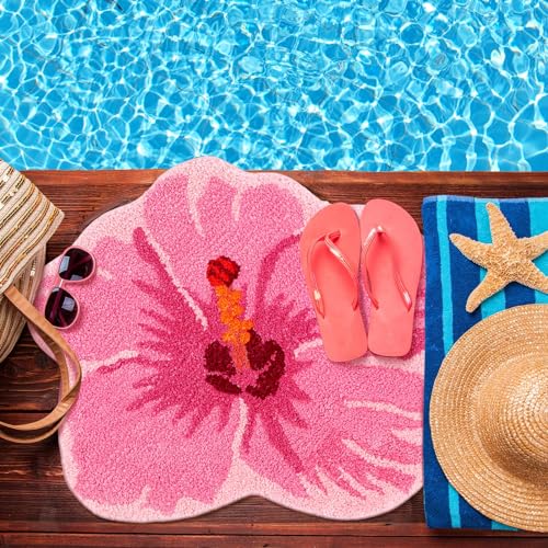 Drydiet Pink Flower Shower Mat Summer Hibiscus Bathroom Rug Flower Shape Shower Mat Door Cute Bath Tropical Summer Bathroom Decoration Non Slip Washable Bath Rug - style: Flowers