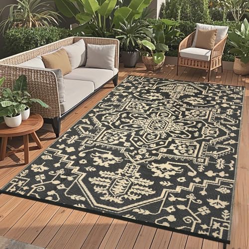 GAOMON 9x12 Waterproof Outdoor Rug for Patio Reversible Plastic Straw Rug Easy to Clean Vintage Floral Picnic Rug Fold Portable Carpet for Patio RV Deck Balcony Backyard Cmping Beach, Black Brown - color: Vintage | Black Brown, size: 9' x 12' (Rectangular