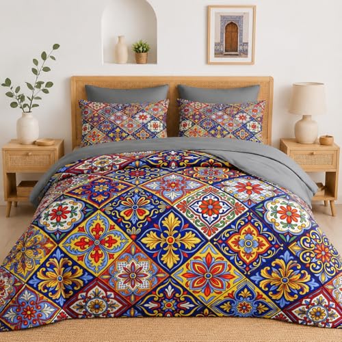 Pamnest Comforter Set Full Size, Mexican Talavera Ceramic 7 Pcs Bedding for Kids and Adults, Italian Spanish Bed Sheet Sets with Fitted Sheet 2 Pillowcases & 2 Shams for Bedroom Bed Decor - color: Mexican Pattern, size: Full