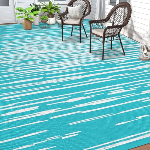 HEBE Outdoor Rug 8'x10' Waterproof for Patios Clearance, Reversible Plastic Straw Rug Camping Carpet, Indoor Outdoor Area Rugs Patio Mats for RV,Picnic,Backyard,Deck,Balcony,Porch - color: Stripe/Teal, size: 8' x 10' (Rectangular)
