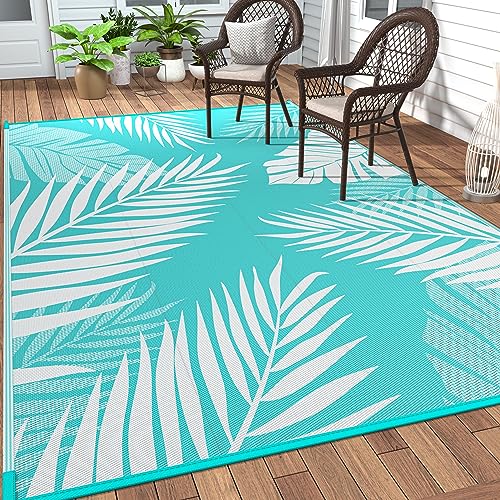 GENIMO Outdoor Rug 5' x 8' Waterproof for Patios Clearance, Reversible Outdoor Plastic Straw Camping Rug Carpet, Large Area Rugs Mats for RV, Picnic, Backyard, Deck, Balcony, Porch, Aqua Blue&White - color: Aquablue & White, size: 5' x 8' (Rectangular)