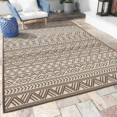 Outdoor Rug Carpet 6x9 ft, Flatweave Textured Outdoor Patio Rug Non Slip Indoor Outdoor Rugs with Rubber Particles Backing Boho Outdoor Area Rug for Patio Deck Front Porch Backyard Balcony, Brown - color: Brown, size: 6' x 9' (Rectangular)