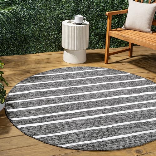 JONATHAN Y Berber Stripe Indoor Outdoor Round Area Rug 8 Ft Black/Ivory, Colonia for Backyard, Patio, Porch, Easy-Cleaning, High Traffic, Pet-Friendly, Non-Shedding (SMB125E-8R) - color: Black/Ivory, size: 7'9" (Round)