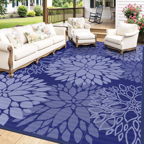 Mattitude Outdoor Rug 6' x 9' Waterproof, Reversible Portable Plastic Straw Area Rugs, Patio Carpet for RV Camping, Porch, Deck, Backyard, Camper, Pool, Picnic, Blue & White - size: 6' x 9' (Rectangular)
