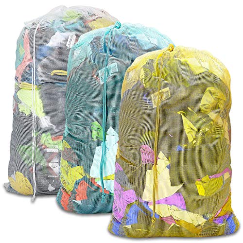 Mesh Laundry Bags, 24" x 36", Heavy Duty with Reinforced Handles, Foldable & Portable, Drawstring Closure, 3-Pack, Mixed Colors - color: White,Yellow,Green