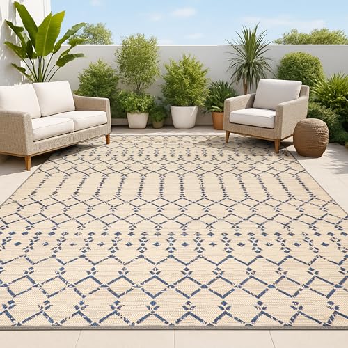 JONATHAN Y Moroccan Geometric Indoor Outdoor Area Rug 10X14 Beige/Navy, Ourika Textured Weave for Backyard, Patio, Porch, Easy-Cleaning, High Traffic, Pet-Friendly, Non-Shedding (SMB108H-14) - color: Beige/Navy, size: 10' x 14' (Rectangular)