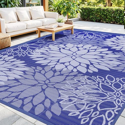 Mattitude Outdoor Rug 8' x 10' Waterproof, Reversible Portable Plastic Straw Area Rugs, Patio Carpet for RV Camping, Porch, Deck, Backyard, Camper, Pool, Picnic, Blue & White - size: 8' x 10' (Rectangular)