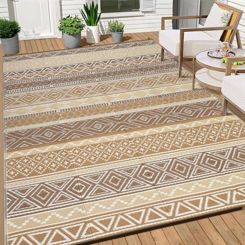 Garvee Reversible Outdoor Rugs 8x10 Waterproof for Patios Clearance, Plastic Straw Mats for Backyard, Porch, Deck, Balcony,Brown/Tan - color: Brown/Tan, size: 8' x 10' (Rectangular)