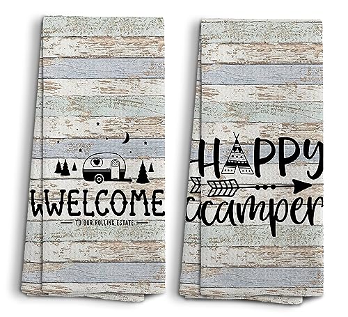 Happy Camper Hand Towels, Camper Gifts, RV Accessories for Inside Fun, Camping Gifts for Women Men, Welcome to Our Rolling Estate Kitchen Towels Dish Towels, Set of 2,16x24 - color: Rv Tent-1