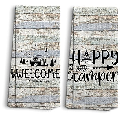 Happy Camper Hand Towels, Camper Gifts, RV Accessories for Inside Fun, Camping Gifts for Women Men, Welcome to Our Rolling Estate Kitchen Towels Dish Towels, Set of 2,16x24 - color: Rv Tent-1