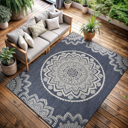 CAMILSON Outdoor Rug 5x7 Modern Area Rugs for Indoor and Outdoor Patios and Porches - Waterproof, Washable, Non-Shedding, Easy-to-Clean Outside Carpet (5 x 7, Medallion - Blue/White) - color: Medallion - Blue / White, size: 5' x 7' (Rectangular)