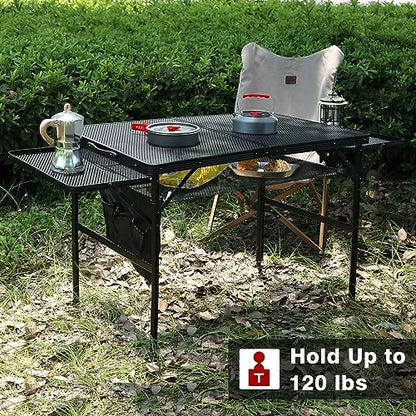 JOUYEK Folding Grill Table, 3x2 FT Portable Camping Table with 2 Wing Panels, Height Adjustable Metal Tables with Mesh Desktop and Mesh Bag, Outdoor Furniture for Camping, Picnic, Beach and BBQ, Black - style: 3X2 FT with 2 panels