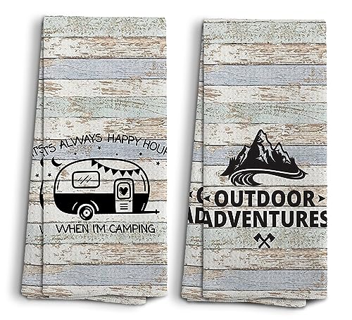Camp Towel, Outdoor Adventures Kitchen Towels, Camping Decoration, Happy Camper RV Accessories, Gifts for Campers, Camping Gifts for Women Men, Set of 2, 16x24 - color: Mountain and Rv-2