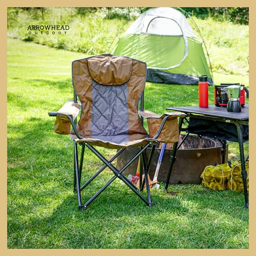 ARROWHEAD OUTDOOR 2-Pack Portable Deluxe Folding Camp Quad Chair w/Headrest, Glass & Cup Holders, Armest 6-can Cooler, Heavy Duty Carry Bag, 550 lbs Weight Capacity - color: Brown 2pack