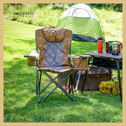 ARROWHEAD OUTDOOR 2-Pack Portable Deluxe Folding Camp Quad Chair w/Headrest, Glass & Cup Holders, Armest 6-can Cooler, Heavy Duty Carry Bag, 550 lbs Weight Capacity - color: Brown 2pack