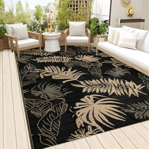 Falflor 5x8 Ft Outdoor Reversible Rug Waterproof Outdoor Patio Rug Plastic Large Floor Mat Lightweight Indoor Outdoor Rug Carpet Plastic Straw Rug for Camping Deck RV Backyard Picnic - color: Black With Tan, size: 5' x 8'