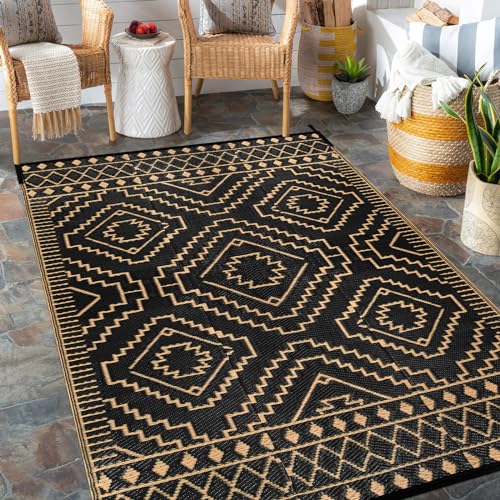 Wonnitar Outdoor Rug 5x8 Waterproof Reversible Plastic Straw Rug for Patio Clearance, Moroccan Outside Area Rug RV Rug for Camping, Indoor Outdoor Portable Mat for Balcony Porch (Black & Brown,5'x8') - color: Black & Brown, size: 5' x 8' (Rectangular)