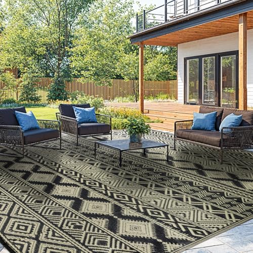 Waterproof Outdoor Rug 9x12 ft, Reversible Plastic Straw Patio Camping Rugs, Outdoor Indoor RV Mat Carpet for Patio, Outside Entry, Backyard, Deck, Bench, Picnic, Camper(9x12,Black&Beige) - color: Black&beige, size: 9' x 12' (Rectangular)