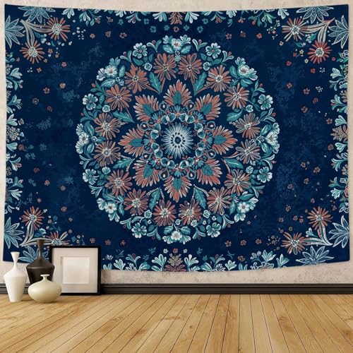Fowocu Boho Floral Mandala Tapestry Wall Hanging Blue Bohemian Flower Medallion Tapestry Aesthetic Vintage Navy Hippie Indian Small Tapestries for Bedroom Living Room Dorm Decor 40 x 30 Inch - color: Navy Blue, size: 40"L x 30"W