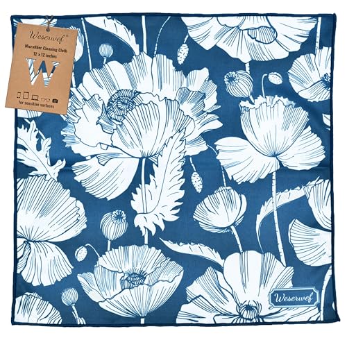 WESERWEF Design Microfiber Glasses Cleaning Cloth – Premium Cleaning Cloth for Eyeglasses, Screens, Tablets, Cameras & Lenses, 12" x 12", Ultra-Soft & Scratch-Free (Blue Poppies) - color: blue poppies