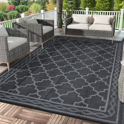 Garvee 10x14 Outdoor Rug Waterproof Reversible Patio Mat, Plastic Straw Rug for Patio,Large Outdoor Carpet for RV Camping, Balcony, Deck, Backyard, Easy Clean & Portable,Black/Grey - color: Black/Grey, size: 10' x 14' (Rectangular)